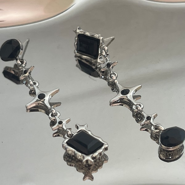 925S asymmetrical dangle black diamond earrings,  Geometric y2k Punk Earrings, Star Futuristic Earrings, trendy kpop Jewelry, gift for her