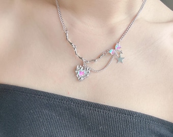 Moonstone Y2K Heart Necklace, Dreamy Heart Necklace, 2000s Necklace, Futuristic Chain Necklace, Kpop Necklace, Gift for her