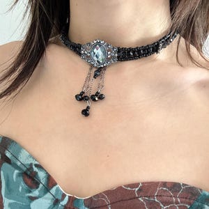 Victorian Gothic Black Beaded Choker Necklace with Crystal Pendants and Dangling Chains, Elegant Dark Jewelry for Vintage Lovers