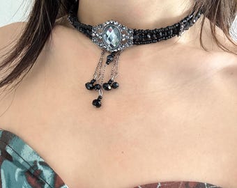 Victorian Gothic Black Beaded Choker Necklace with Crystal Pendants and Dangling Chains, Elegant Dark Jewelry for Vintage Lovers