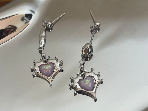 Y2K dreamy Earrings, asymmetrical Heart Punk Earrings, Goth dangle Earrings, 925S jewelry, cool gift for her
