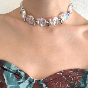 Iridescent Transparent Bead and Spike Choker, Edgy Y2K Punk Goth Necklace for Alt Fashion, Rave Choker, Gift idea