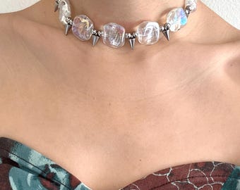 Iridescent Transparent Bead and Spike Choker, Edgy Y2K Punk Goth Necklace for Alt Fashion, Rave Choker, Gift idea