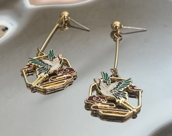 925S Art deco crane earrings, Oriental enamel dangle earrings, retro crane earrings, gift for her, taoism earring