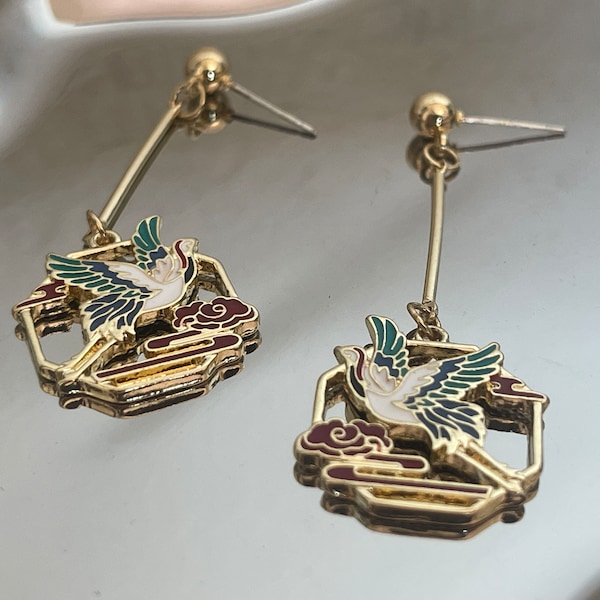 925S Art deco crane earrings, Oriental enamel dangle earrings, retro crane earrings, gift for her, taoism earring