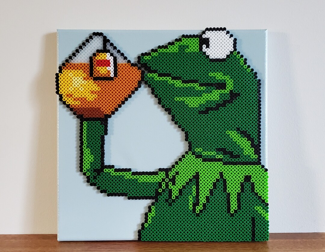 Kermit the Frog, Canvas 12x12, Perler Bead, Muppets, Art, Drinking Tea