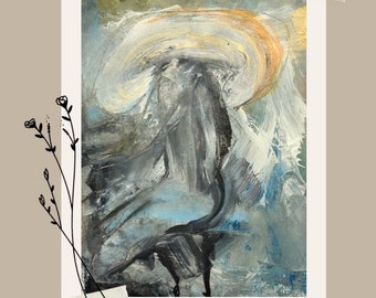 Abstract Figure Art, Acrylic Painting on Paper with Mat