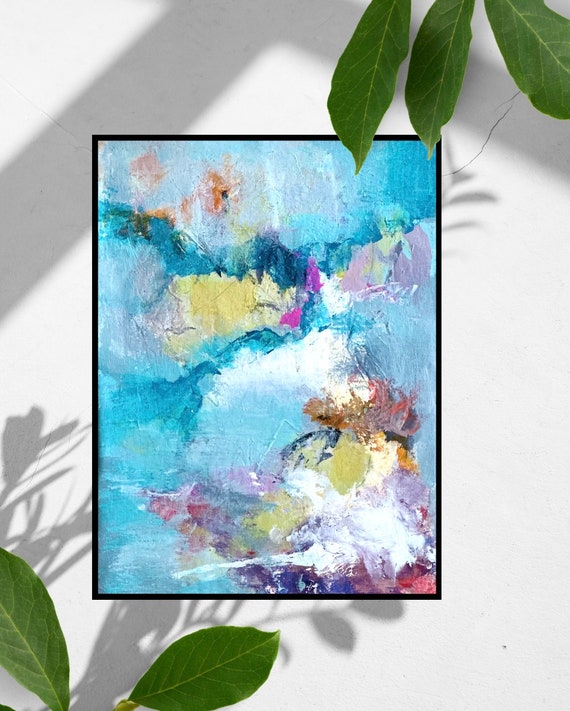 オリジナル抽象アクリル画、カラフルな現代アート作品（11.5x16インチ