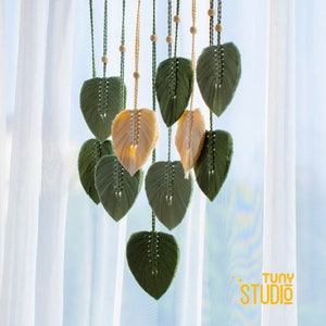 Green Leaves Macrame Wall Hanging, Macrame Feather, Farmhouse Wall Decor, Minimalist Wall Art, Boho Nursery Decor, Gift For The Home - T3027
