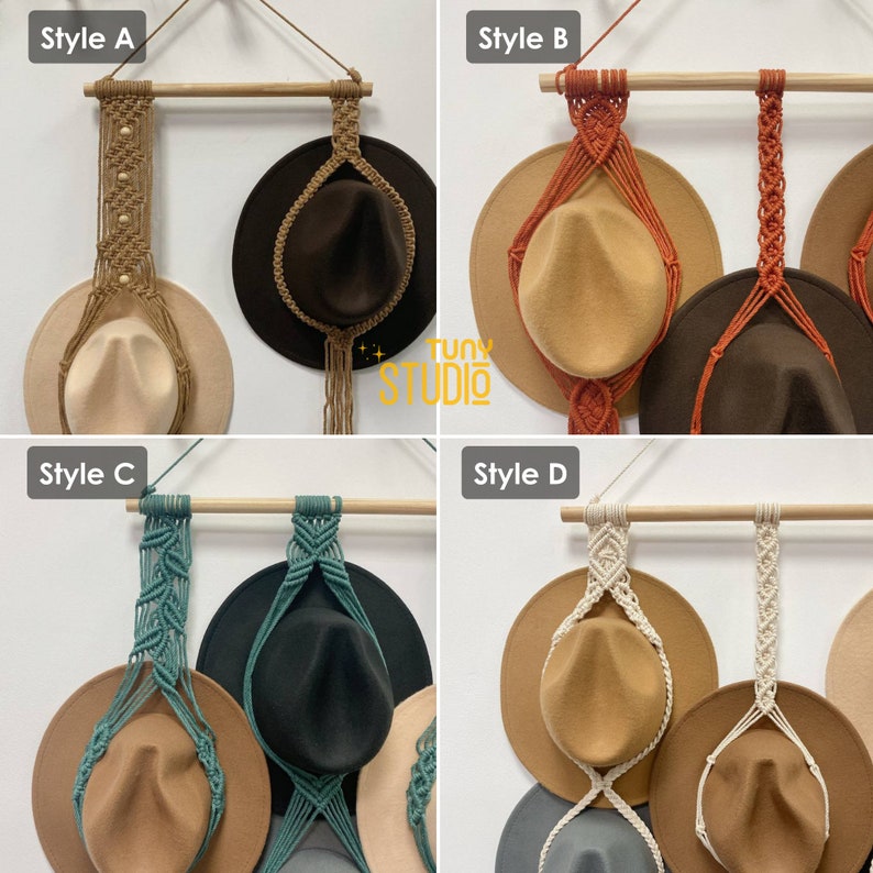 May include: Four different styles of macrame hat hangers, each with a wooden dowel and a different pattern. The hangers are shown with hats hanging on them.