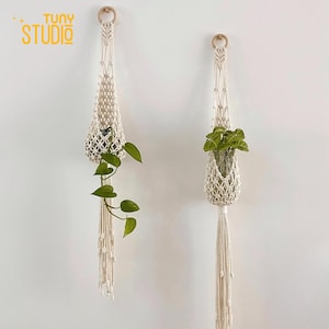 May include: Two macrame plant hangers with wooden rings at the top, suspended against a white wall. One holds a plant with trailing green leaves, the other a plant with lush green foliage. The text "TUNY STUDIO" is in the upper left corner.