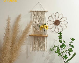 Boho makrama ścienna z półką – wisząca półka z makramy, pojemnik na rośliny, mała półka ekspozycyjna, ręcznie robiona sztuka ścienna