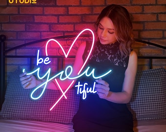 Be You Tiful Neon Sign, LED Heart Wall Decor, Beautiful Inspirational Quote Light, Custom Neon Sign,  Neon Wall Decor, Aesthetic Room Decor