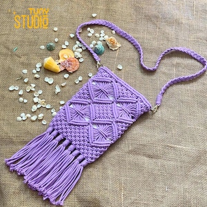 Macrame Cell Phone Bag For Women, Boho Mobile Phone Crossbody Bag, Personalized Phone Purse, Macrame Phone Purse, Gift for Her - T3063