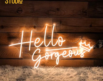 Hallo wunderschöne mit Krone Neonschild, Hallo wunderschöne LED-Licht, Party-Wanddekor, Verlobungsgeschenk für sie, benutzerdefinierte Leuchtreklame, Salondekor