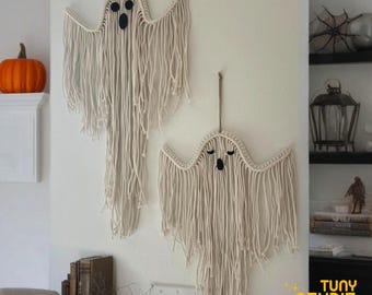 Macrame Halloween Ghost, Macrame Ghost Wall Hanging, Boho Macrame Ghost Wall Art, Boho Spooky Decor, Spooky Season Decor, Cute Ghost - T3279