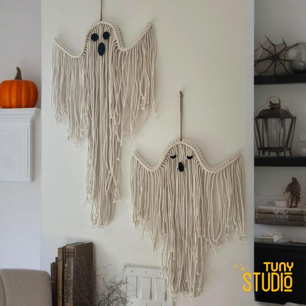 Makramee-Halloween-Geist, Makramee-Geist-Wandbehang, Boho Makramee-Geist-Wandkunst, Boho gruseliges Dekor, gruselige Dekoration, niedlicher Geist - T3279