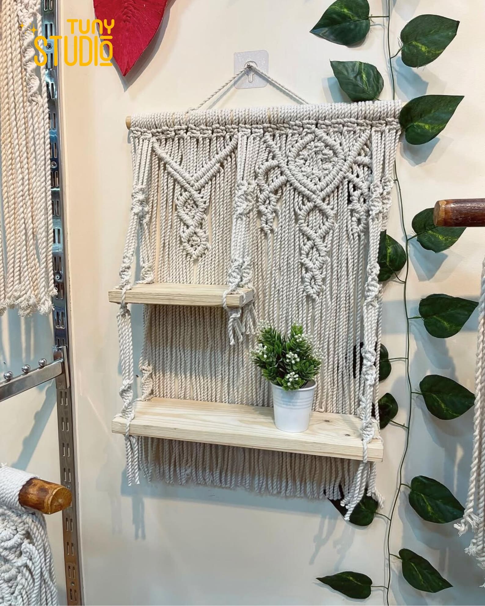 Boho Macrame Wall Shelf – 2 Tier Hanging Shelf for Plants & Decor