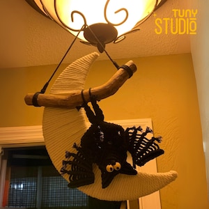 Spooky Bat and Moon Macrame Wall Hanging, Cute Hanging Bat Macrame with Moon, Halloween Decor, Bat and Moon Decoration, Macrame Wall Display