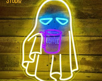 Ghost Coffee Neon Sign - Cute Ghost Drinking Coffee Light for Cafe, Kitchen, Coffee Shop, Bar, Home Wall Decor - Custom LED Neon Sign T3162