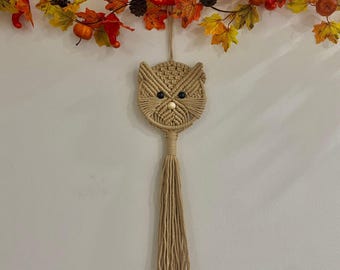 Decoração de parede para gatos em macramê, decoração de parede estilo boho para gatos, tapeçaria para gatos, macramê feito à mão para gatos, decoração minimalista em formato de cuba, presente para amantes de gatos - T3080
