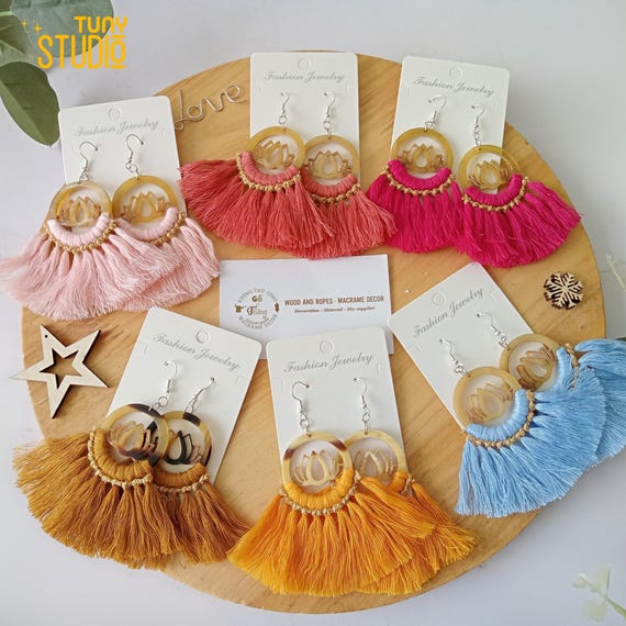 Boho Macrame Earrings, Macramé Oorbellen, Half Moon Earrings