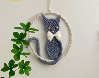 Decoração de parede de gato de macramê, arte de parede de gato de macramê pendurado, decoração de berçário boho, presentes para amantes de gatos, decoração de parede de gato de macramê personalizada -T3079