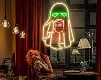 Ghost Coffee Neon Sign, Ghost Drinking Coffee Led Sign, Spooky Boo Sign, Halloween Coffee Lovers, Сute Little Ghost Coffee Decor - T3162