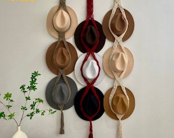 Farmhouse Hat Hanger, Macrame Hat Holder, Fedora Hat Hanging, Boater Hat Organization, Cowboy Hat Rack, Mother Day Gift - T3038