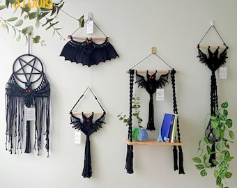 Decoración gótica bohemia hecha a mano para Halloween, arte mural de macramé con murciélagos, pentagrama, murciélago espeluznante de macramé, decoración de Halloween - T3302