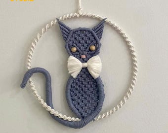 Decoração de parede de gato de macramê, arte de parede de gato de macramê, decoração de berçário boho, presentes para amantes de gatos, decoração de quarto infantil, presente para ela, Makramee - T3079