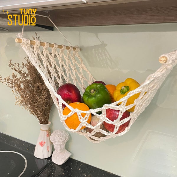 Macrame Fruit And Veggie Hammock, Macrame Fruit Basket Holder, Hanging Fruit Basket, Kitchen Counter Space Saver, Mother's Day gift - T3025