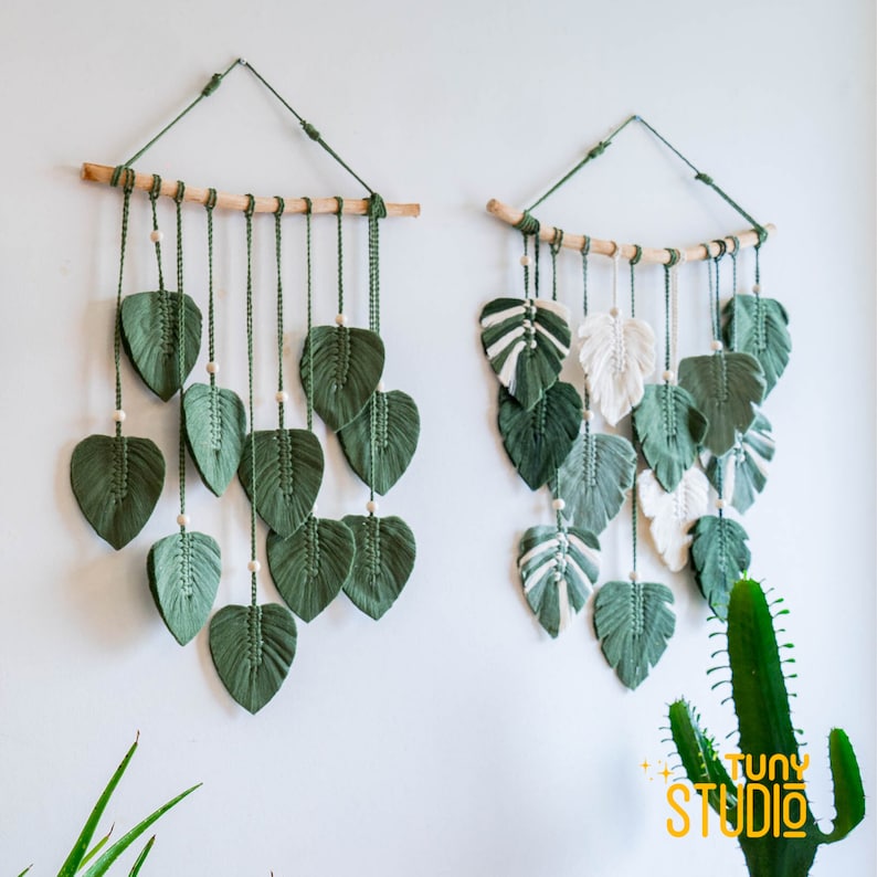 Monstera Leaves Handmade Wall Decor, Green Leaf Macrame Wall Hanging