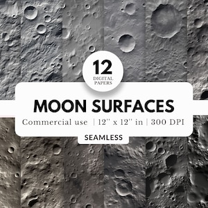 12 Moon Surface Digital Papers, Seamless Repeating Textures, 12x12, Gray Patterns, Commercial Use, For Space Invitation, Sublimation, Prints