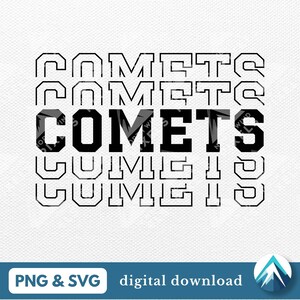 Puede incluir: Diseño gráfico en blanco y negro de la palabra "Comets" repetida cinco veces, con la palabra del medio en negrita y en un tamaño de fuente más grande. El diseño es adecuado para su uso como descarga digital para proyectos de manualidades.