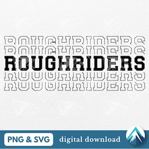 May include: Black and white graphic design of the word "ROUGRH RIDERS" repeated multiple times. The word is in a bold, blocky font.
