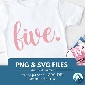 5 歳の誕生日の数字、デジタル ダウンロード、PNG SVG ファイル、透明な背景、小さなハート、筆記体、ベビー ピンク、私は 5 歳ですクリップアート