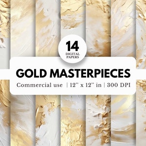 14 papeles digitales de obras maestras de oro, 12x12, textura gruesa de pintura al óleo, lienzo en blanco, patrón blanco y dorado, envoltura de vaso, fondo de lujo