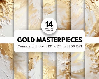 14 Gold Masterpieces Digital Papers, 12x12, Thick Oil Paint Texture, Blank Canvas, White and Golden Pattern, Tumbler Wrap, Luxury Background