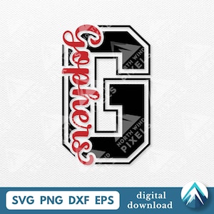 May include: A black and white letter G with the word "Gophers" in red script. The letter has a white border and the words "North Wind Pixel" are in the corners. The bottom of the image has the words "SVG PNG DXF EPS digital download".