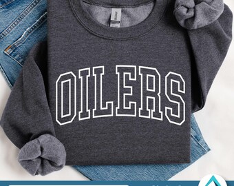 Oilers with Outlined and Curved College Letters Digital Download, Svg Png Dxf Eps Files, Transparent Clipart, Arched Varsity Lettering