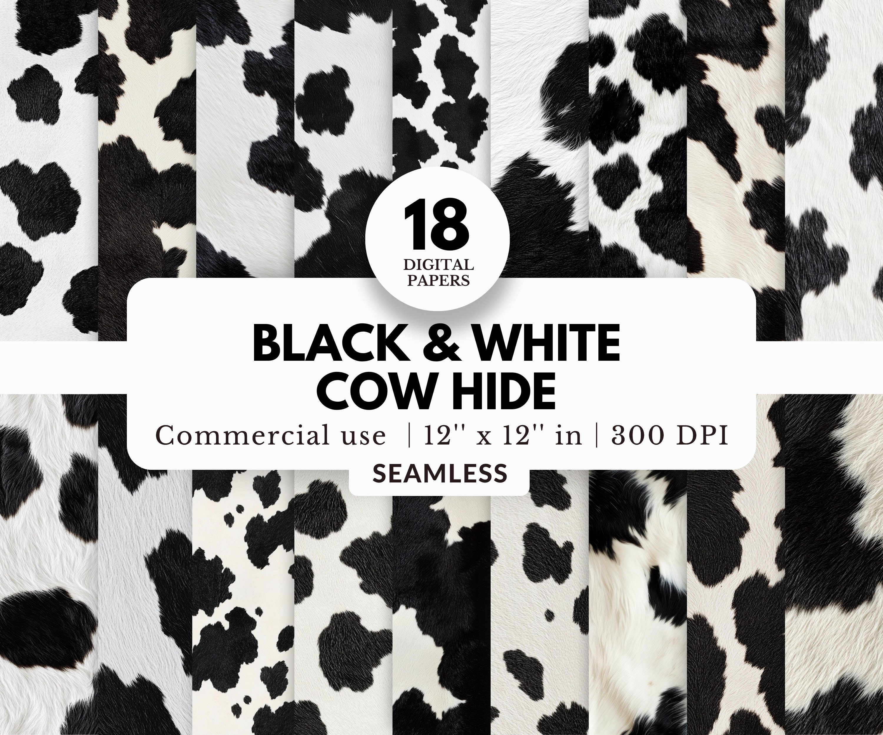 18 Black and White Cow Hide Textures, Tileable Digital Papers, 12x12, Seamless, JPG Download, Rustic Farm, Western Theme, Cowboy