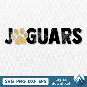 足跡付きジャガーのデジタルダウンロード、SVG PNG DXF EPS、透明、大きな太字、学校のスポーツチームリーグ用、Tシャツ、転写