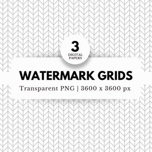 Könnte beinhalten: Ein Set mit 3 digitalen Papieren mit einem sich wiederholenden Muster aus grauen Chevron-Pfeilen auf weißem Hintergrund. Die Papiere sind 3600 x 3600 Pixel groß und transparente PNG-Dateien. Der Text "WATERMARK GRIDS" wird auf einem weißen Rechteck mit grauer Umrandung angezeigt. Der Text "Transparent PNG | 3600 x 3600 px" wird unter dem Titel angezeigt. Ein weißer Kreis mit grauer Umrandung enthält die Zahl "3" und den Text "DIGITAL PAPERS".