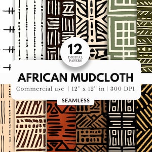 12 Afrikanische Schlammtuch Digitale Papiere, Nahtlos, 12x12, Kommerzielle Nutzung, Ethno- und Stammesmuster, Erdton, Für Kissen, Wandkunst, Tassen