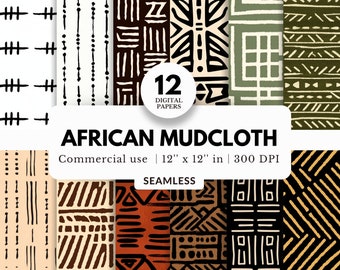 12 African Mudcloth Digital Papers, Seamless, 12x12, Commercial Use, Ethnic and Tribal Pattern, Earth Tone, For Throw Pillow, Wall Art, Mugs