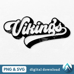 Może przedstawiać: Czarno-biały projekt graficzny słowa "Vikings" w retro stylu bejsbolowym.