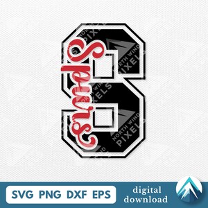 May include: A black and white number 8 graphic with the word "Spurs" in red script. The graphic includes the text "SVG PNG DXF EPS" and "digital download". The design has a sports theme.