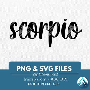 Könnte beinhalten: Schwarz-weißer digitaler Download des Wortes "Scorpio" in einer handschriftlichen Schriftart. Der Text befindet sich auf einem weißen Hintergrund mit einer subtilen Textur. PNG- und SVG-Dateien sind enthalten. 300 DPI. Kommerzielle Nutzung.