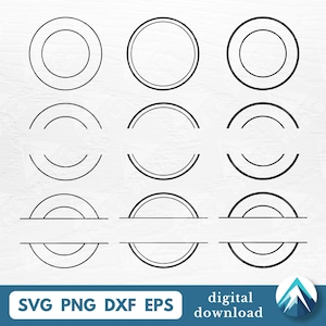 Puede incluir: Elementos de diseño de arte lineal negro en varias formas circulares y semicirculares. La imagen incluye el texto "SVG PNG DXF EPS" y "descarga digital". Los elementos están sobre un fondo blanco.